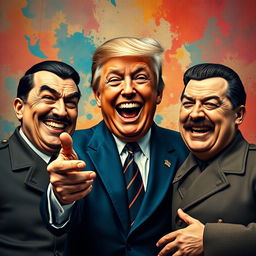 A dramatic and surreal composition featuring three historical figures: Donald Trump, Adolf Hitler, and Joseph Stalin, all depicted with exaggerated expressions of mirth