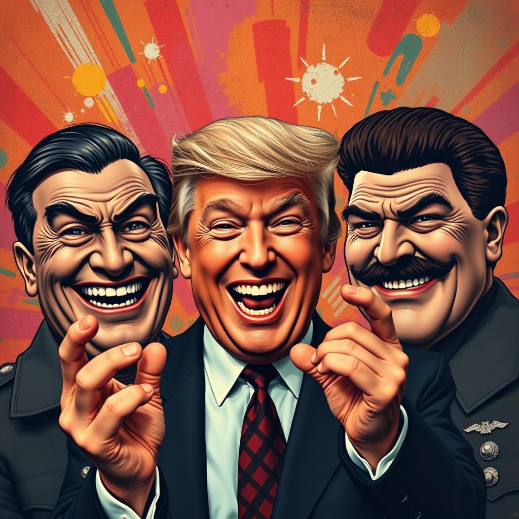 A dramatic and surreal composition featuring three historical figures: Donald Trump, Adolf Hitler, and Joseph Stalin, all depicted with exaggerated expressions of mirth