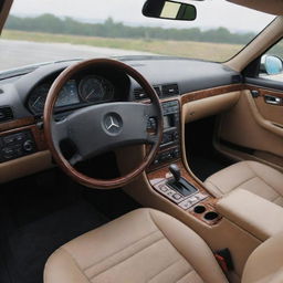 An ideal interior of a Mercedes Benz 190e, blending retro charm with modern luxury. Envision high-end leather seats, a dashboard enriched with elegant wood finish, state-of-the-art technology for controls and entertainment, and ambient lighting for a soothing driving experience.