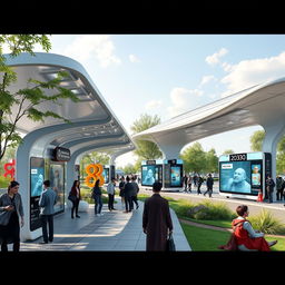 A futuristic scene depicting Nomad Motors bus stops designed for people in Kazakhstan in the year 2030