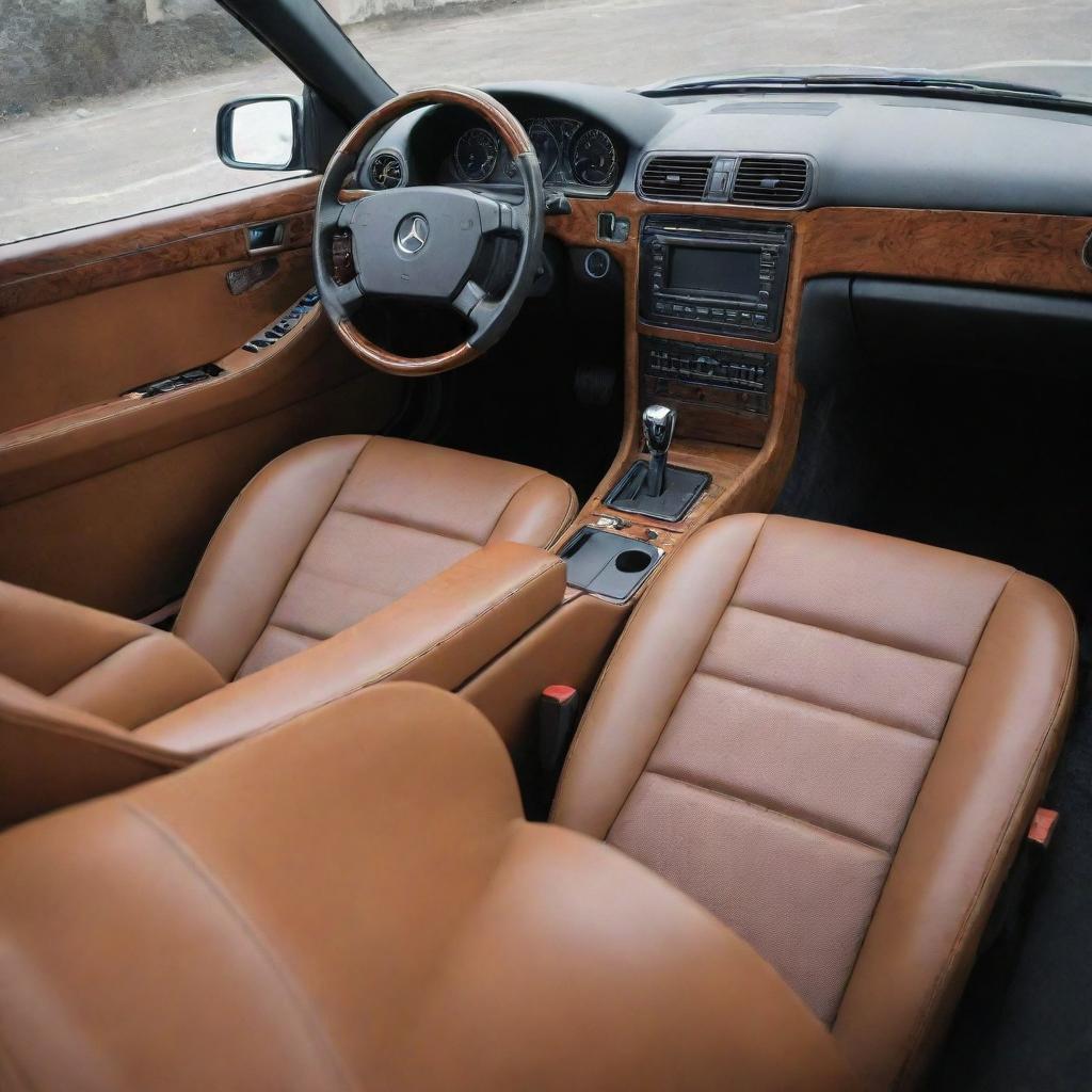 An ideal interior of a Mercedes Benz 190e, blending retro charm with modern luxury. Envision high-end leather seats, a dashboard enriched with elegant wood finish, state-of-the-art technology for controls and entertainment, and ambient lighting for a soothing driving experience.