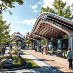 A futuristic scene depicting Nomad Motors bus stops designed for people in Kazakhstan in the year 2030