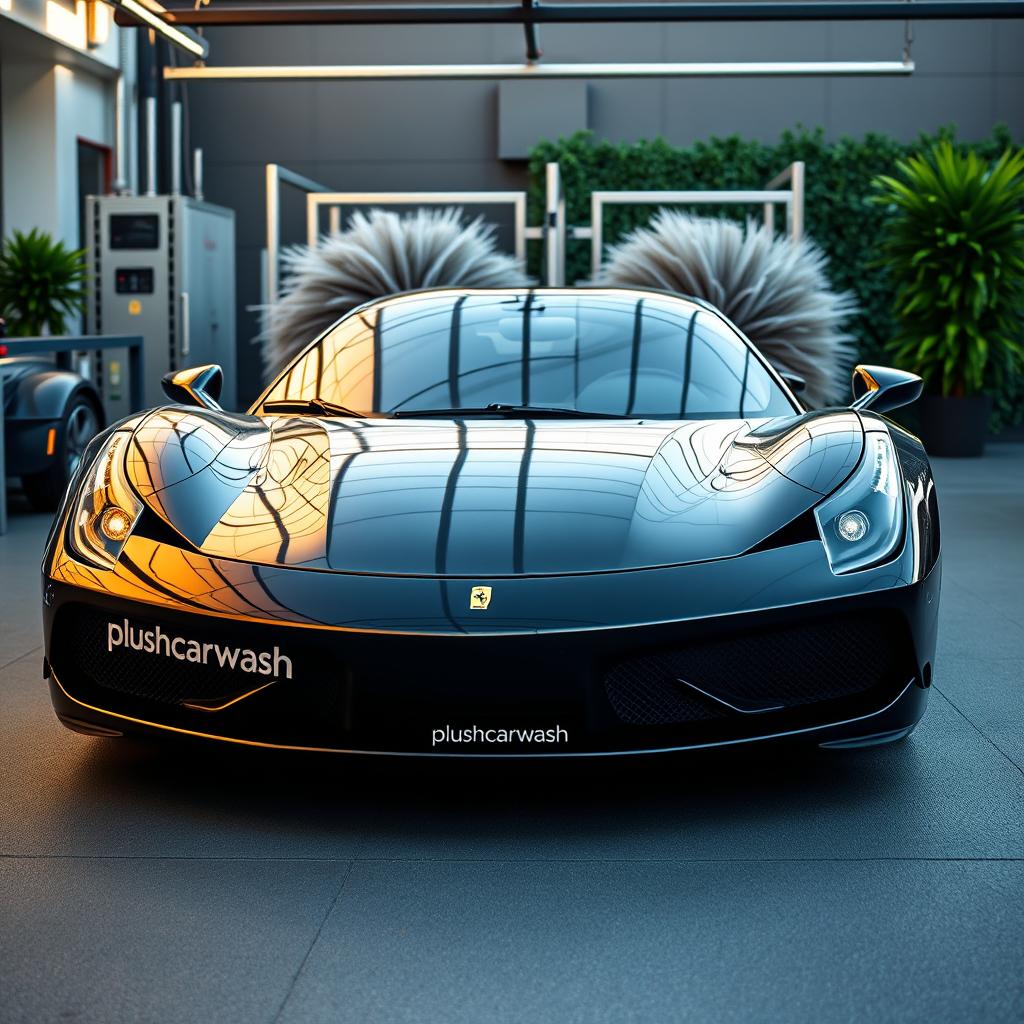 A sleek black Ferrari 458 parked in a luxury setting, featuring the words 'plushcarwash' elegantly displayed on both doors