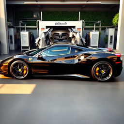 A sleek black Ferrari 458 parked in a luxury setting, featuring the words 'plushcarwash' elegantly displayed on both doors