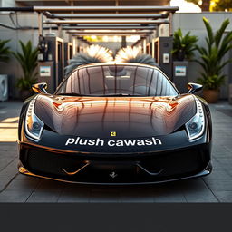 A sleek black Ferrari 458 parked in a luxury setting, featuring the words 'plushcarwash' elegantly displayed on both doors