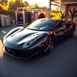 A sleek black Ferrari 458 parked in a luxury setting, featuring the words 'plushcarwash' elegantly displayed on both doors