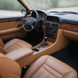 An ideal interior of a Mercedes Benz 190e, blending retro charm with modern luxury. Envision high-end leather seats, a dashboard enriched with elegant wood finish, state-of-the-art technology for controls and entertainment, and ambient lighting for a soothing driving experience.