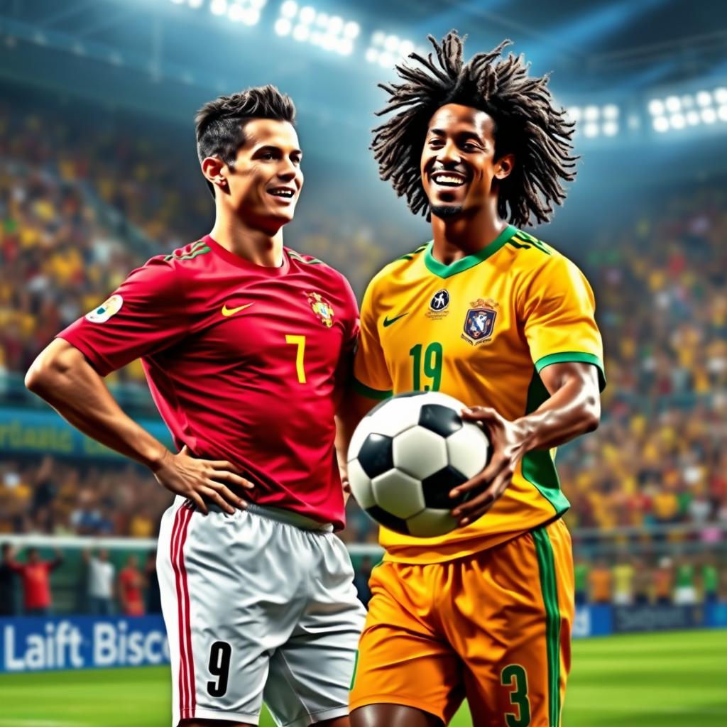 A vibrant sports scene featuring Cristiano Ronaldo and Ronaldinho together on a football pitch