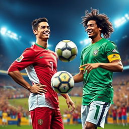 A vibrant sports scene featuring Cristiano Ronaldo and Ronaldinho together on a football pitch