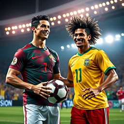 A vibrant sports scene featuring Cristiano Ronaldo and Ronaldinho together on a football pitch