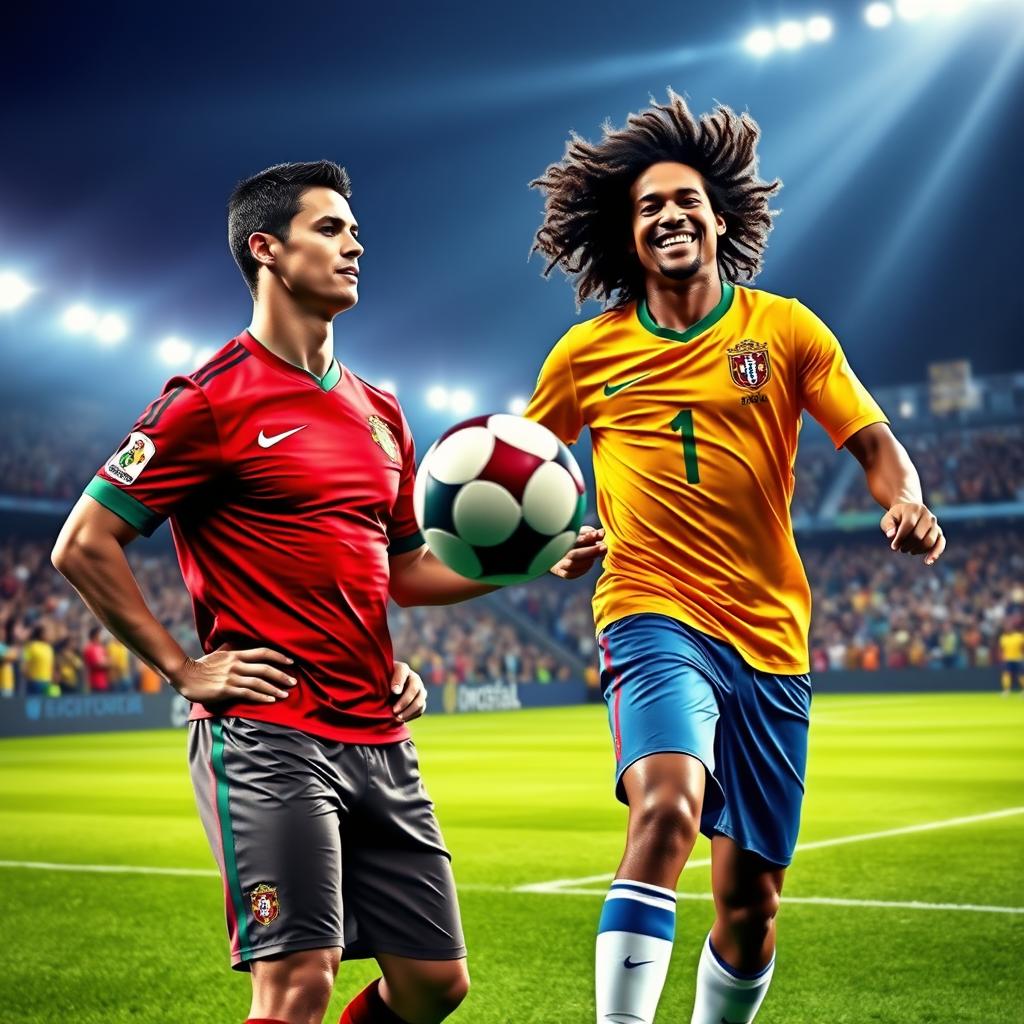 A vibrant sports scene featuring Cristiano Ronaldo and Ronaldinho together on a football pitch