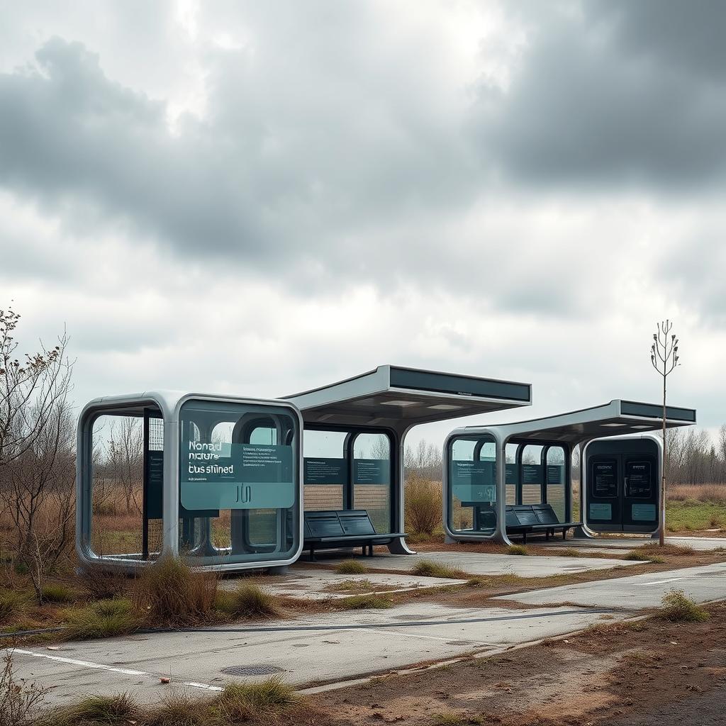 A scene showcasing closed Nomad Motors bus stops designed for people in Kazakhstan in the year 2030