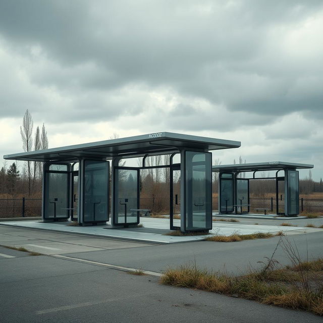 A scene showcasing closed Nomad Motors bus stops designed for people in Kazakhstan in the year 2030