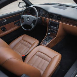 An ideal interior of a Mercedes Benz 190e, blending retro charm with modern luxury. Envision high-end leather seats, a dashboard enriched with elegant wood finish, state-of-the-art technology for controls and entertainment, and ambient lighting for a soothing driving experience.