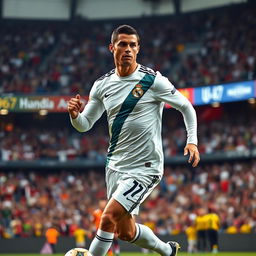 A dynamic portrait of Cristiano Ronaldo in action on the football pitch, showcasing his athleticism and charisma