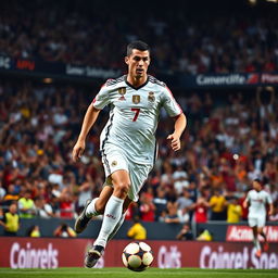 A dynamic portrait of Cristiano Ronaldo in action on the football pitch, showcasing his athleticism and charisma