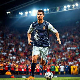 A dynamic portrait of Cristiano Ronaldo in action on the football pitch, showcasing his athleticism and charisma