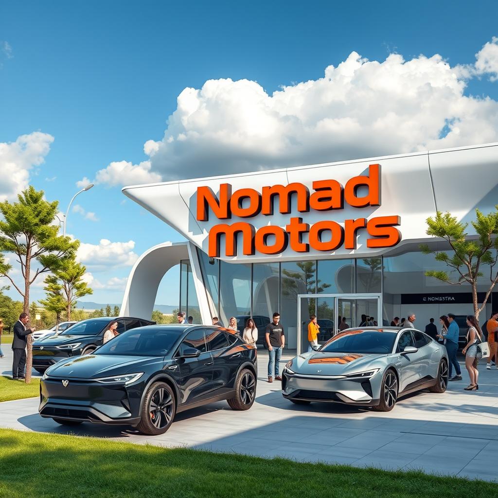 A futuristic car dealership in Kazakhstan, showcasing Nomad Motors' latest electric vehicles