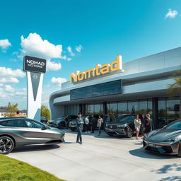 A futuristic car dealership in Kazakhstan, showcasing Nomad Motors' latest electric vehicles