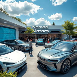 A futuristic car dealership in Kazakhstan, showcasing Nomad Motors' latest electric vehicles