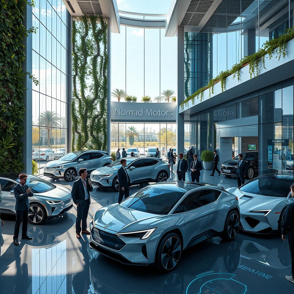 A futuristic car dealership in Kazakhstan, showcasing Nomad Motors' innovative electric vehicles in the year 2050