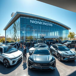 A futuristic car dealership in Kazakhstan, showcasing Nomad Motors' innovative electric vehicles in the year 2050