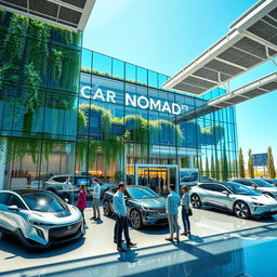 A futuristic car dealership in Kazakhstan, showcasing Nomad Motors' innovative electric vehicles in the year 2050