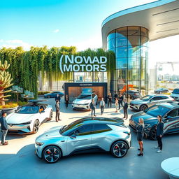 A futuristic car dealership in Kazakhstan, showcasing Nomad Motors' innovative electric vehicles in the year 2050