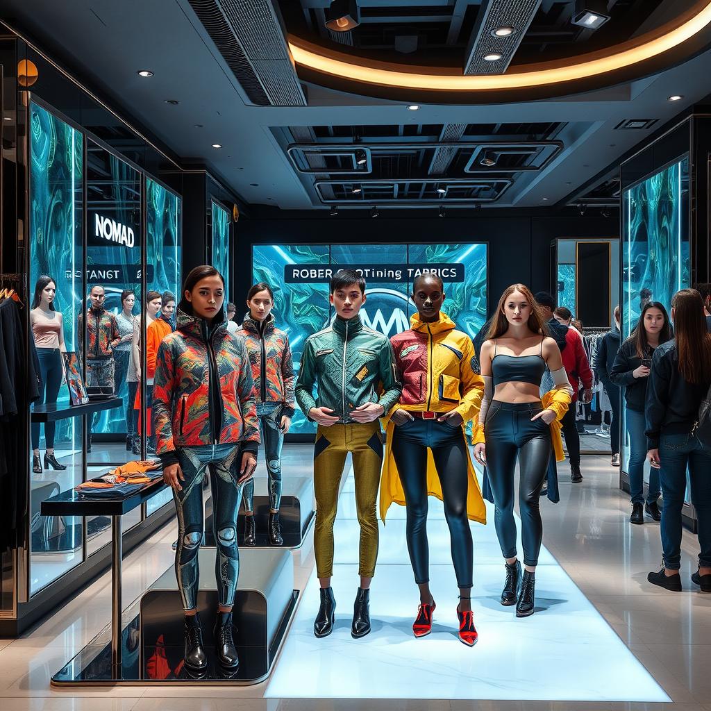 A fashion store in Kazakhstan featuring Nomad Motors' clothing line in the year 2050