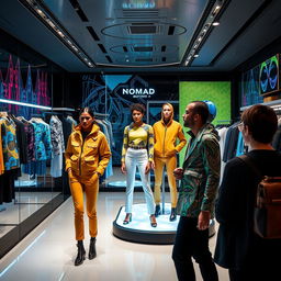 A fashion store in Kazakhstan featuring Nomad Motors' clothing line in the year 2050