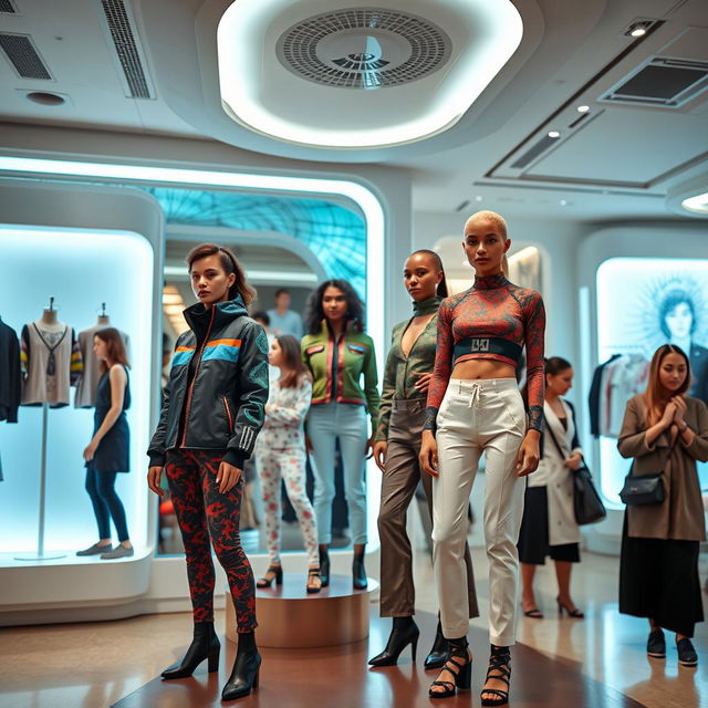 A fashion store in Kazakhstan featuring Nomad Motors' clothing line in the year 2050