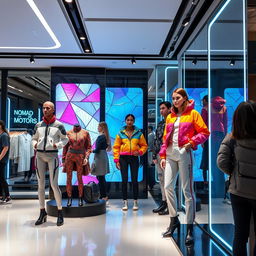 A fashion store in Kazakhstan featuring Nomad Motors' clothing line in the year 2050