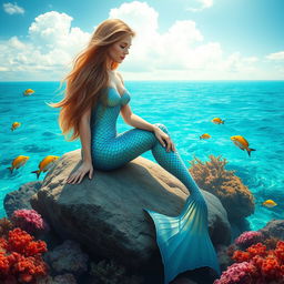 A beautiful mermaid sitting on a rock in a tranquil ocean with turquoise waters, her long flowing hair shimmering in the sunlight