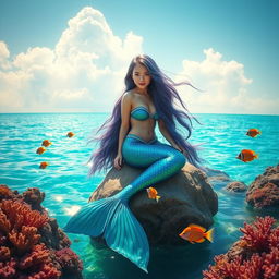 A beautiful mermaid sitting on a rock in a tranquil ocean with turquoise waters, her long flowing hair shimmering in the sunlight