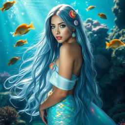 A stunning mermaid cosplay, featuring a woman with long flowing hair cascading down her back, adorned with colorful seashell accessories