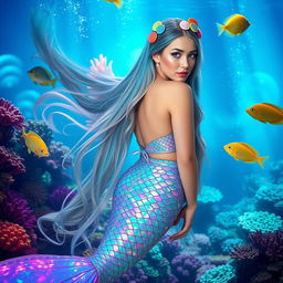 A stunning mermaid cosplay, featuring a woman with long flowing hair cascading down her back, adorned with colorful seashell accessories