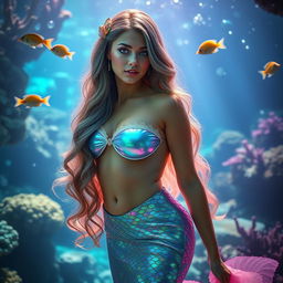 A stunning mermaid cosplay, featuring a woman with long flowing hair cascading down her back, adorned with colorful seashell accessories