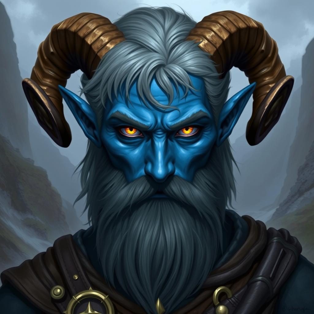 A blue-skinned male tiefling paladin, showcasing his medium-sized ram's horns