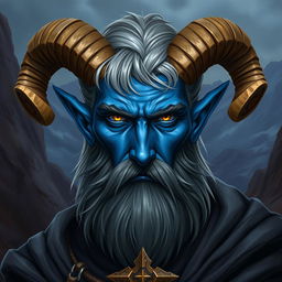 A blue-skinned male tiefling paladin, showcasing his medium-sized ram's horns