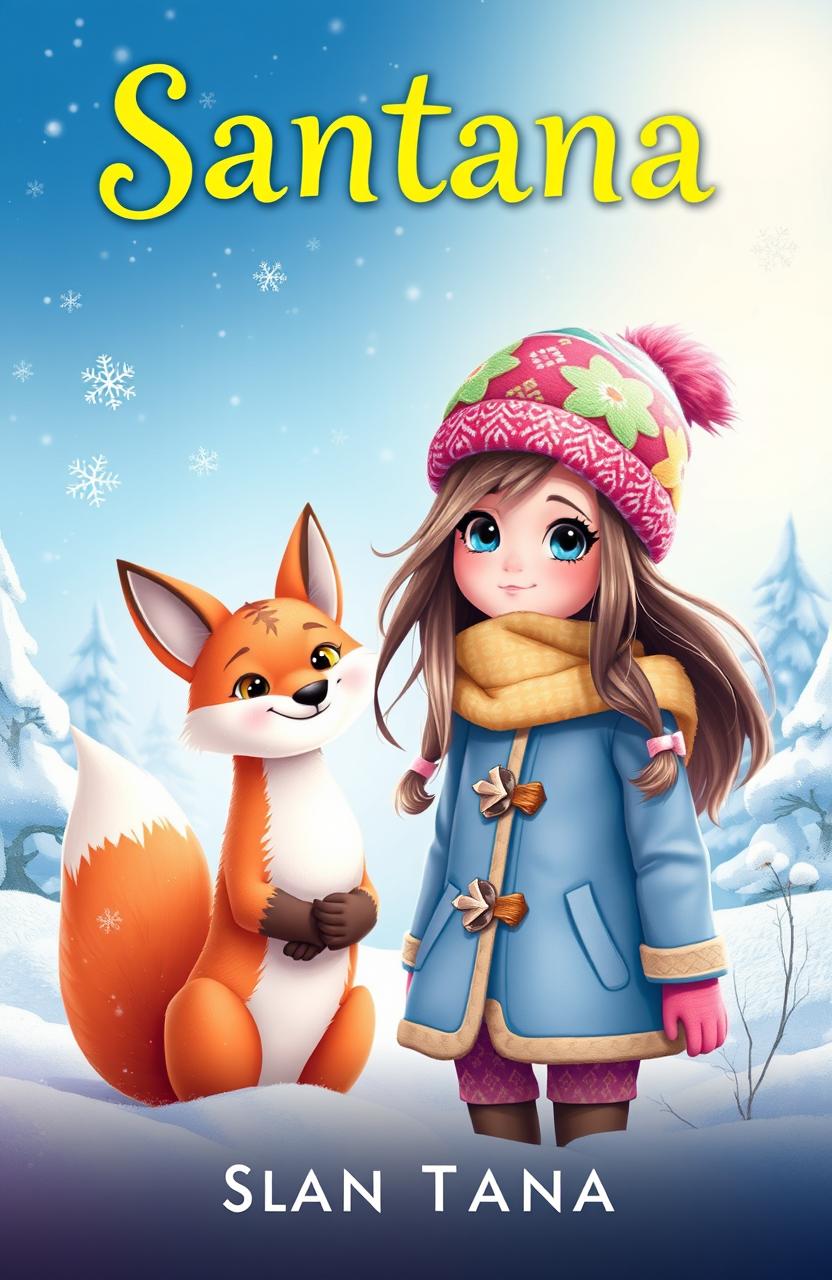 A whimsical fantasy book cover featuring a young girl named Santana, with long flowing hair and bright, curious eyes, standing in the midst of a snowy landscape