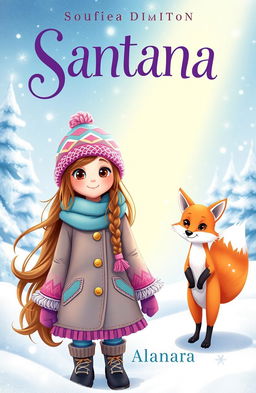 A whimsical fantasy book cover featuring a young girl named Santana, with long flowing hair and bright, curious eyes, standing in the midst of a snowy landscape