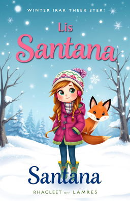 A whimsical fantasy book cover featuring a young girl named Santana, with long flowing hair and bright, curious eyes, standing in the midst of a snowy landscape