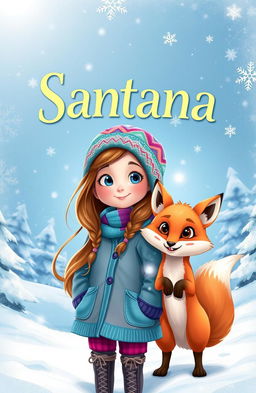 A whimsical fantasy book cover featuring a young girl named Santana, with long flowing hair and bright, curious eyes, standing in the midst of a snowy landscape