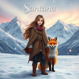 A captivating fantasy book cover featuring a brave girl named Santana, with long, windswept hair, clad in a warm, stylish winter cloak adorned with intricate patterns