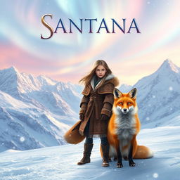 A captivating fantasy book cover featuring a brave girl named Santana, with long, windswept hair, clad in a warm, stylish winter cloak adorned with intricate patterns