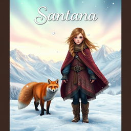 A captivating fantasy book cover featuring a brave girl named Santana, with long, windswept hair, clad in a warm, stylish winter cloak adorned with intricate patterns