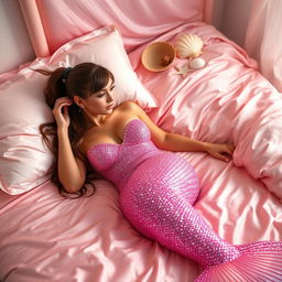 An enchanting mermaid cosplay featuring a brunette woman lounging elegantly on a luxurious satin bed in soft pink hues