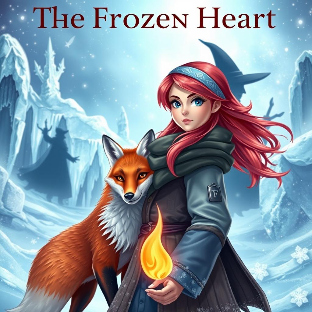 An enchanting fantasy book cover for 'The Frozen Heart', featuring a determined girl named Santana with vibrant, flowing hair, dressed in a warm yet stylish winter outfit, standing in a snowy landscape