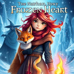 An enchanting fantasy book cover for 'The Frozen Heart', featuring a determined girl named Santana with vibrant, flowing hair, dressed in a warm yet stylish winter outfit, standing in a snowy landscape