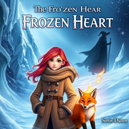 An enchanting fantasy book cover for 'The Frozen Heart', featuring a determined girl named Santana with vibrant, flowing hair, dressed in a warm yet stylish winter outfit, standing in a snowy landscape